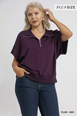 Umgee Full Size Half-Zip Short Sleeve Top Plus Size OutfitFlow