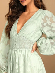 Smocked V-Neck Balloon Sleeve Dress OutfitFlow