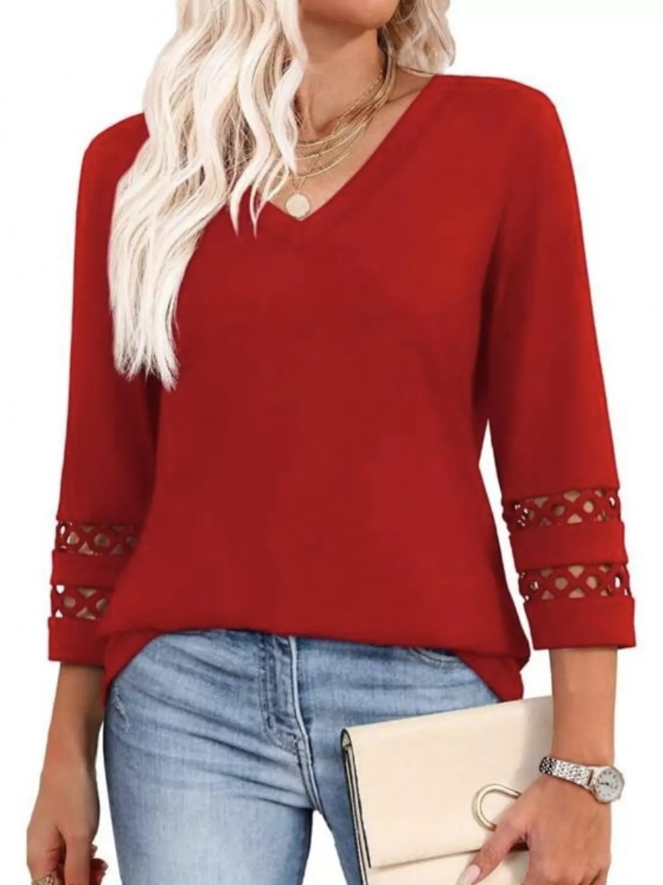 Full Size V-Neck 3/4 Sleeve T-Shirt Plus Size Red OutfitFlow