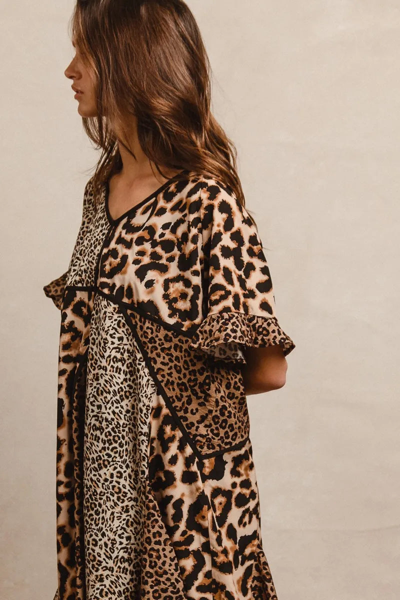 BiBi Leopard Prints Mix and Match Short Sleeves Dress OutfitFlow