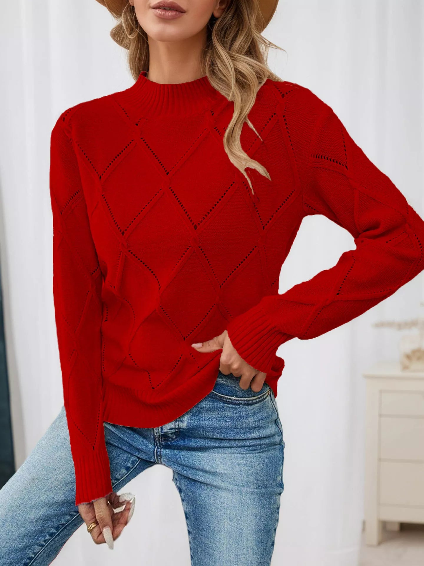 Long Sleeve Diamond Eyelet Knit Top OutfitFlow