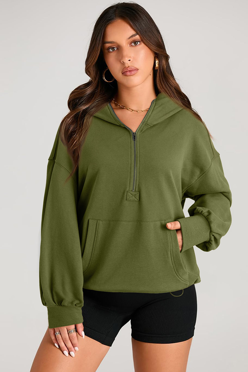 Outfit Flow - Pocketed Half Zip Long Sleeve Hoodie