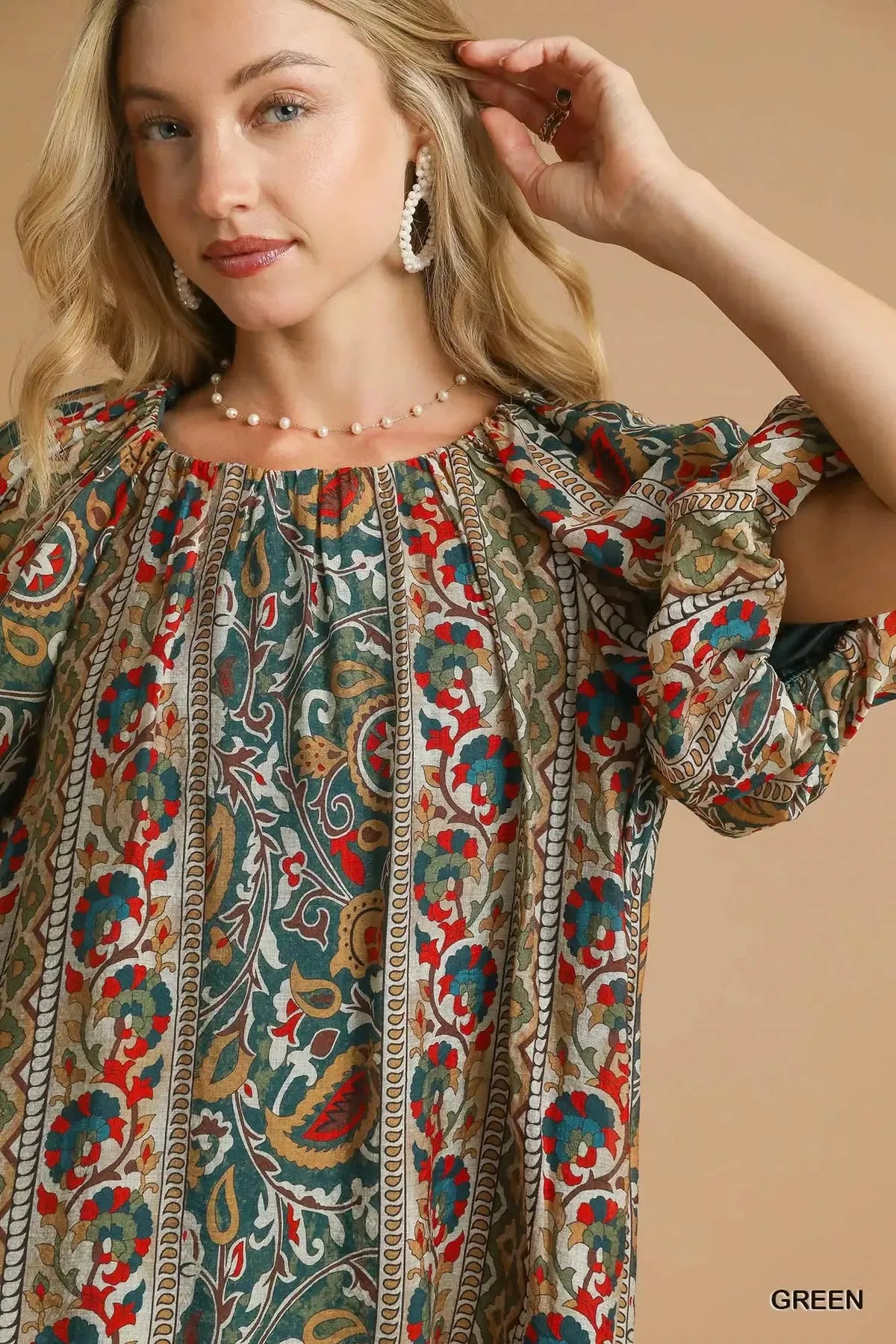 Umgee Boho Floral Stripe Puff Sleeve Blouse OutfitFlow