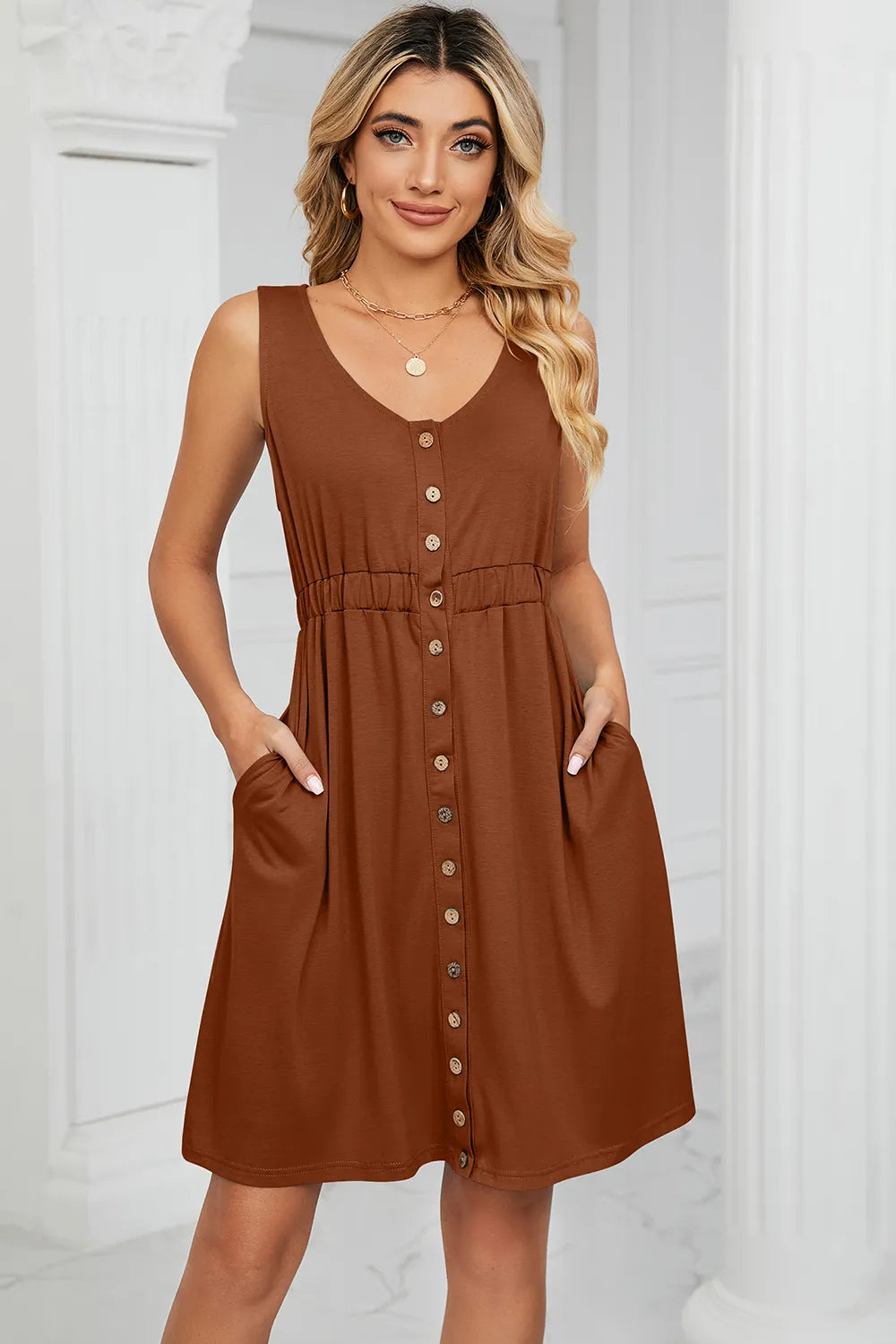 Buttoned Wide Strap Mini Dress OutfitFlow