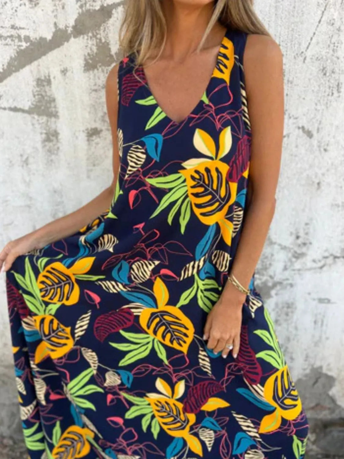 Full Size Printed V-Neck Sleeveless Dress Plus Size Dark Blue OutfitFlow