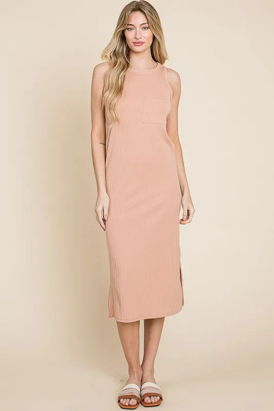 BOMBOM Ribbed Knit Sleeveless Midi Dress Apricot OutfitFlow