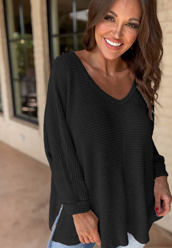 Outfit Flow - Side Slit V-Neck Long Sleeve Top