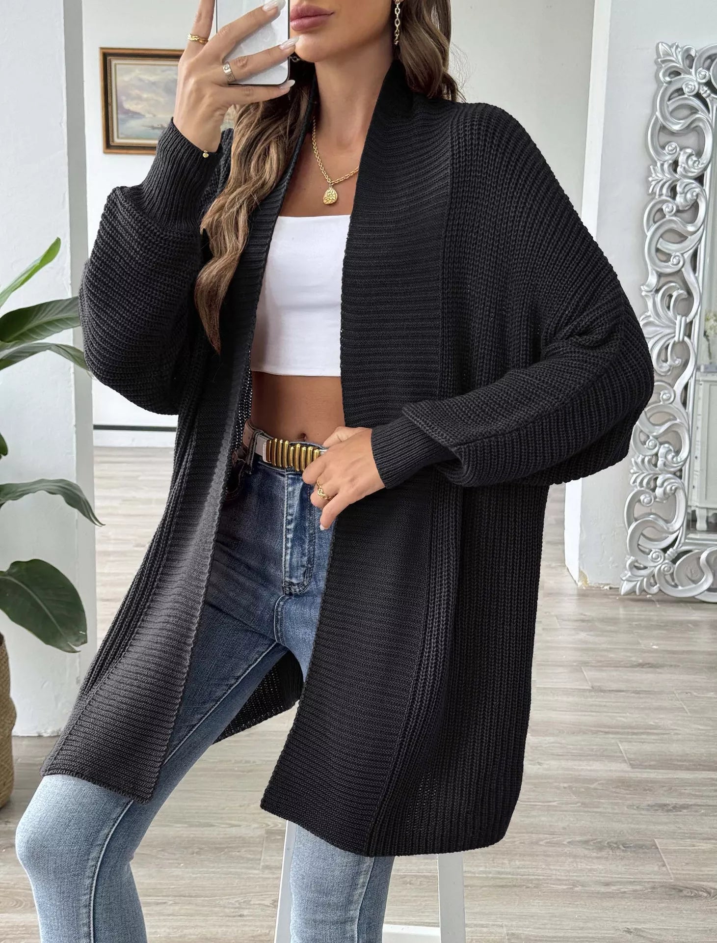 Open Front Ribbed Knit Cardigan OutfitFlow