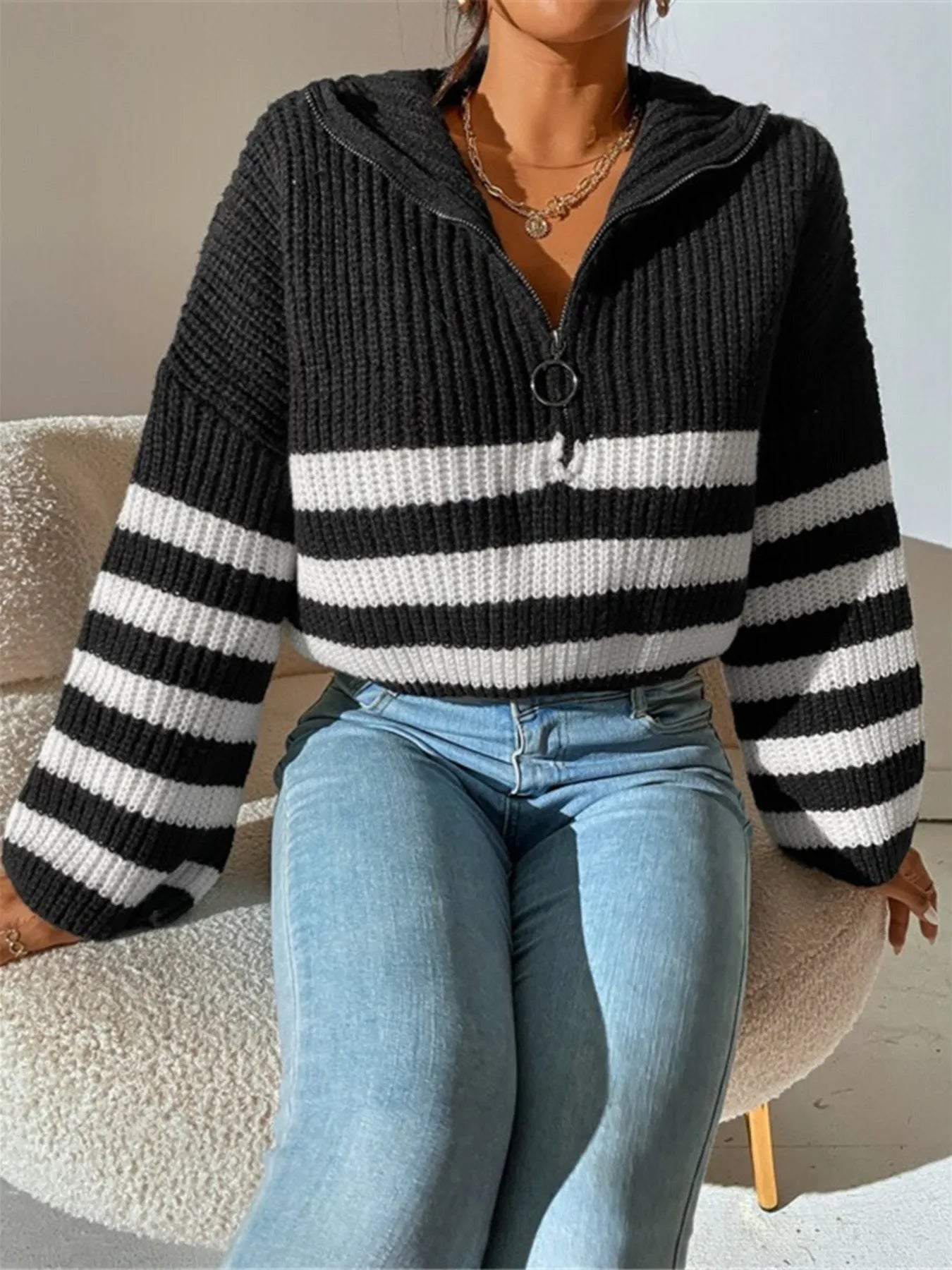Striped Half Zip Cropped Sweater OutfitFlow