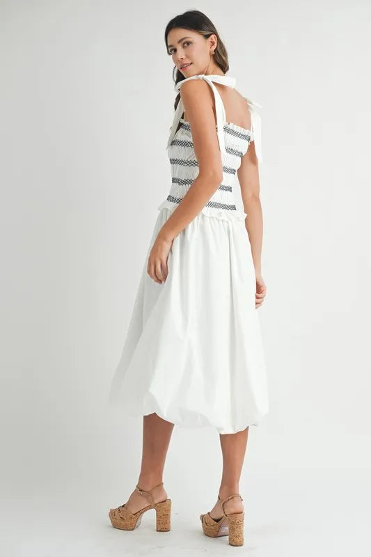 MABLE Smocked Bodice Bubble Midi Dress OutfitFlow