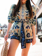 Floral Print Button Front Belted Romper OutfitFlow