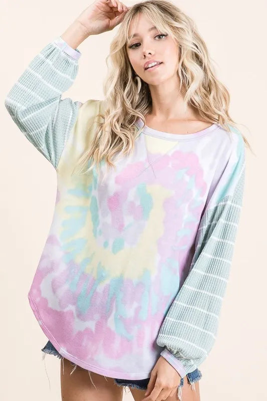 BiBi Tie Dye Terry Top with Wide Stripe Thermal Waffle OutfitFlow