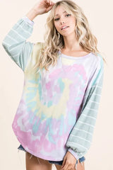 BiBi Tie Dye Terry Top with Wide Stripe Thermal Waffle OutfitFlow
