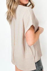 Solid Color Textured Seamed Short Sleeve Top OutfitFlow