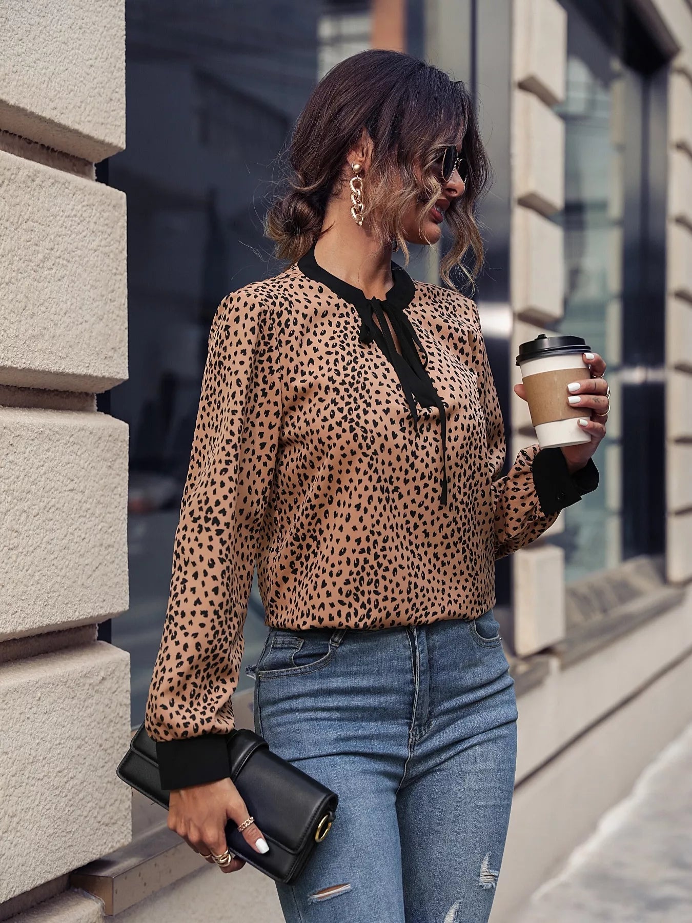 Animal Print Contrast Trim Tie Front Blouse OutfitFlow