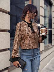 Animal Print Contrast Trim Tie Front Blouse OutfitFlow