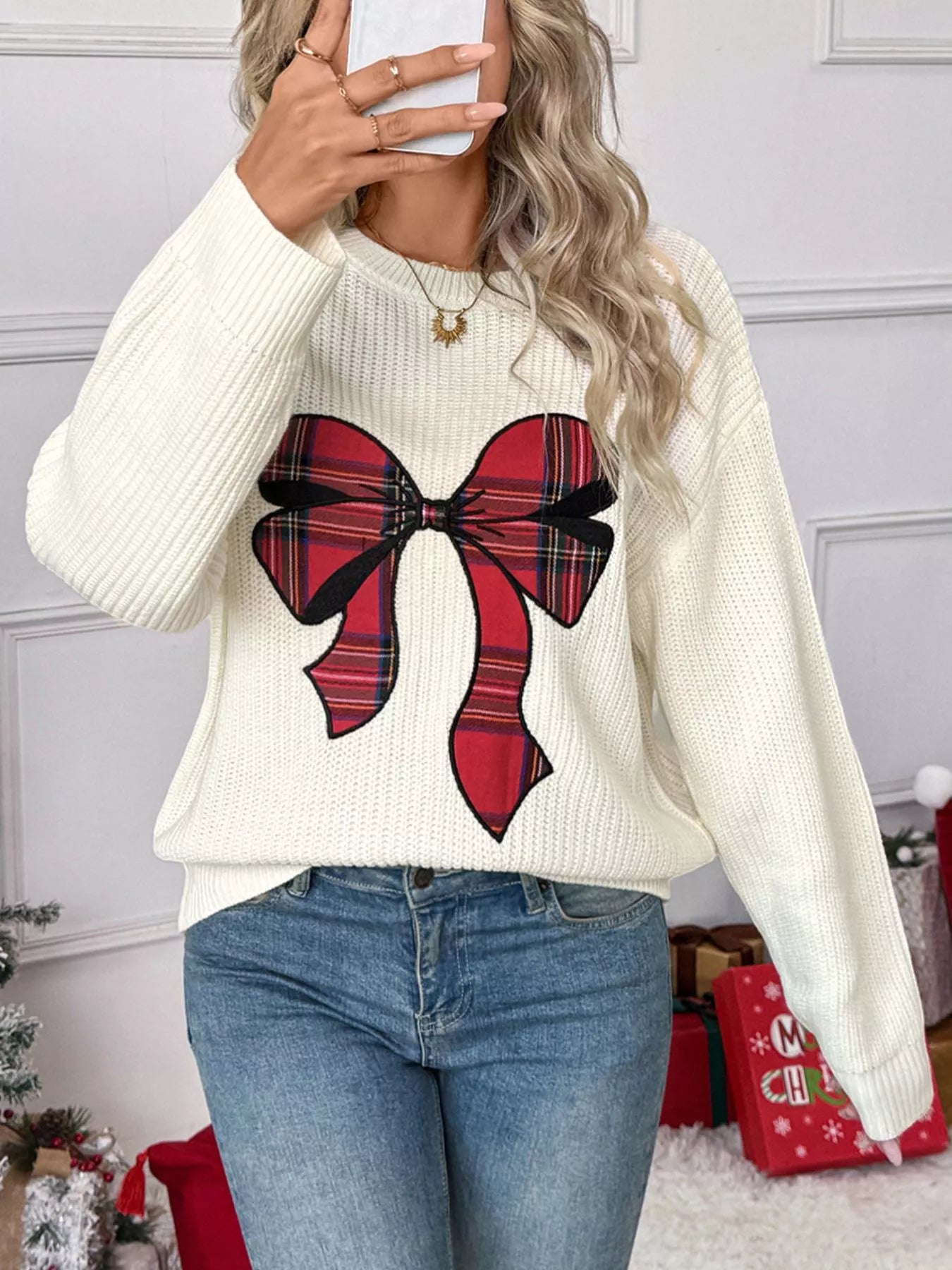 Christmas Bow Dropped Shoulder Sweater Trendsi