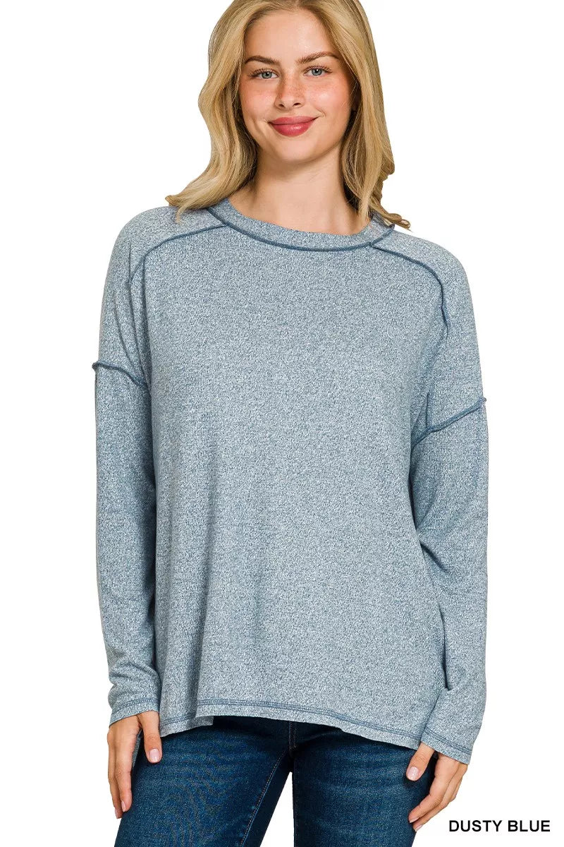 Zenana Full Size Melange Hacci Exposed Seam Hi-low Tee Plus Size DUSTY BLUE OutfitFlow