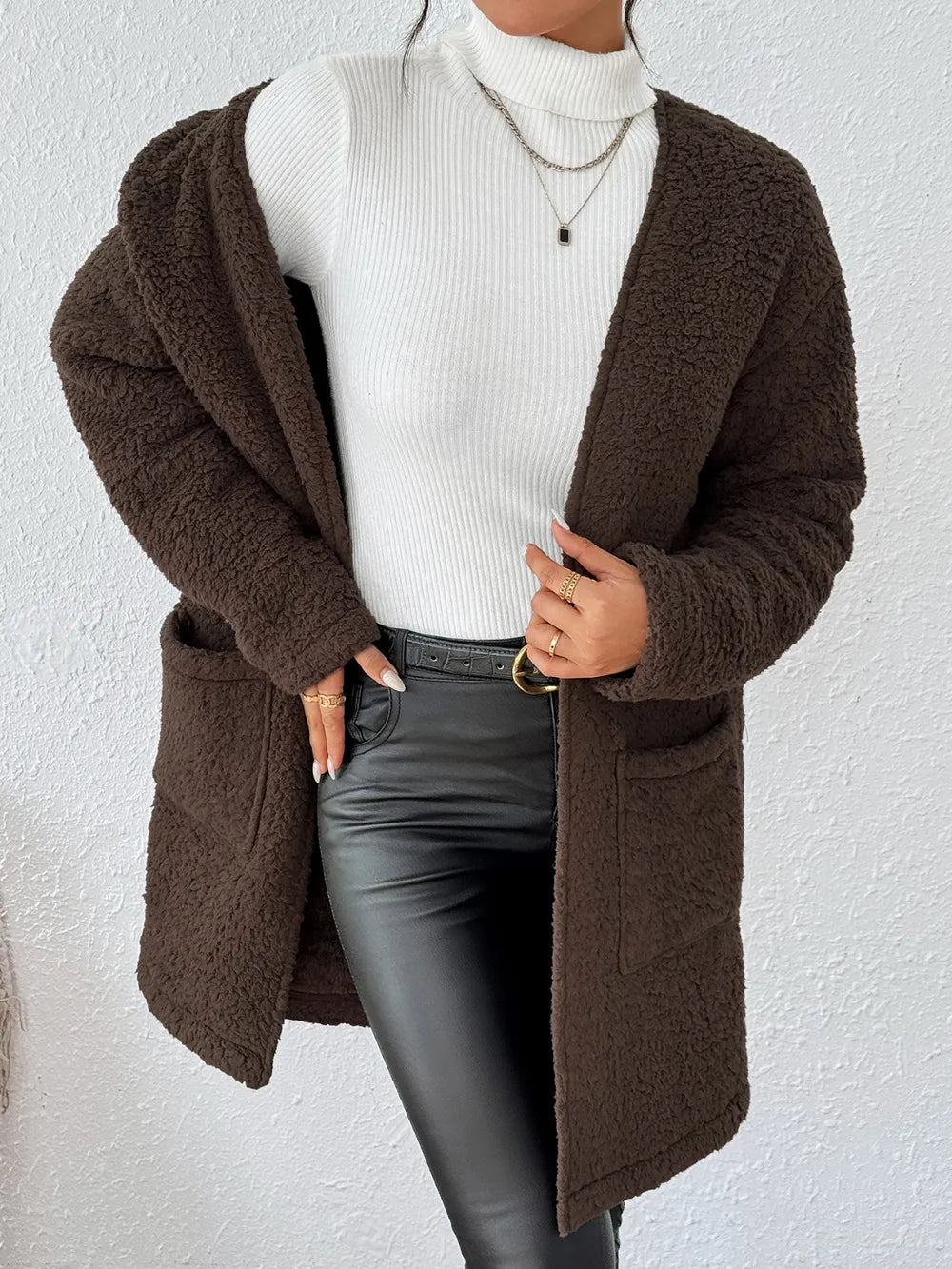 Open Front Long Sleeve Winter Coat OutfitFlow
