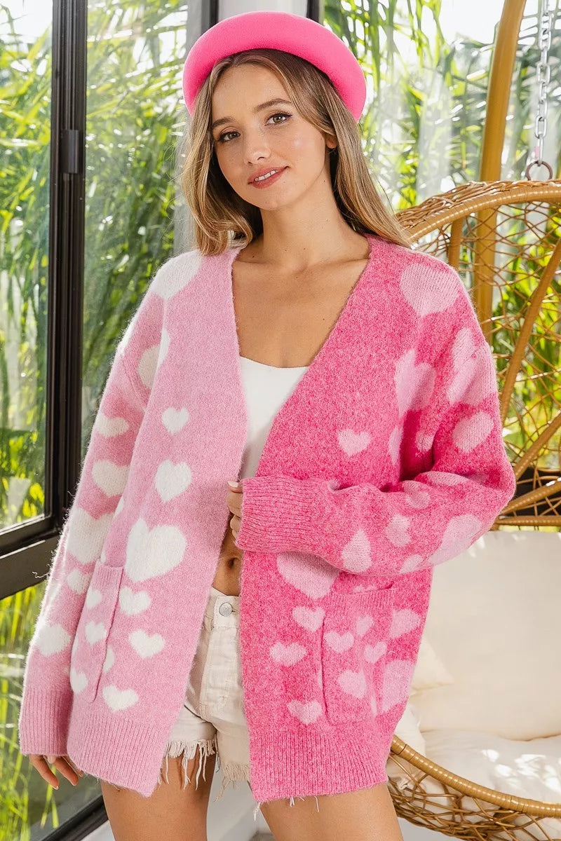 BiBi Heart Color Block V-Beck Knit Cardigan with Pockets OutfitFlow