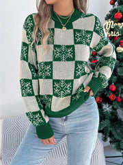 Christmas Snowflake Checkered Round Neck Sweater OutfitFlow