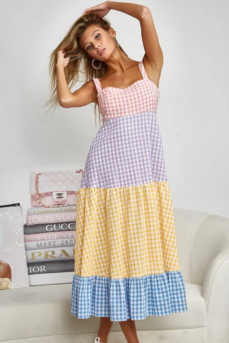 BiBi Color Block Tiered Gingham Dress OutfitFlow
