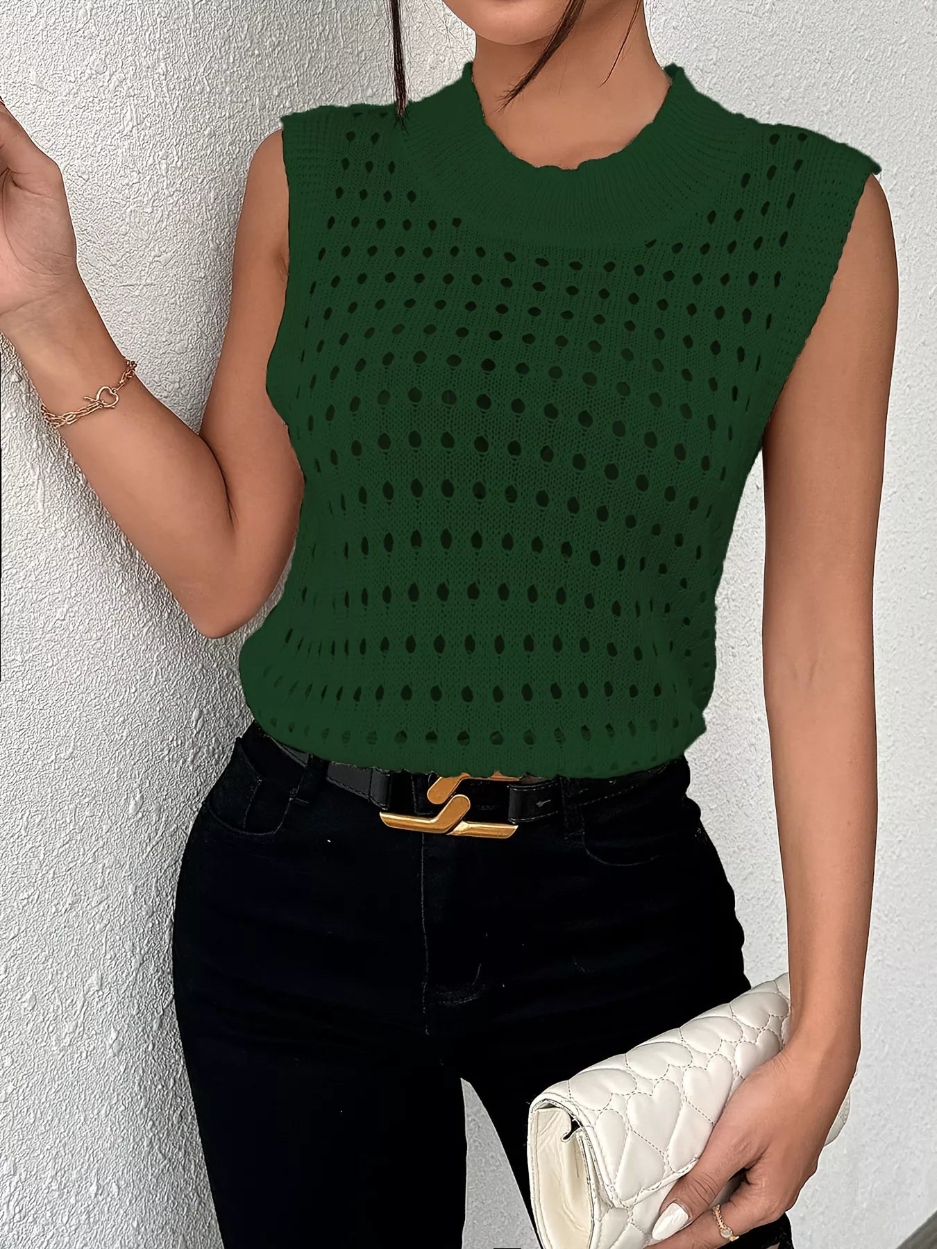 Hollow Out Round Neck Knit Tank Green OutfitFlow