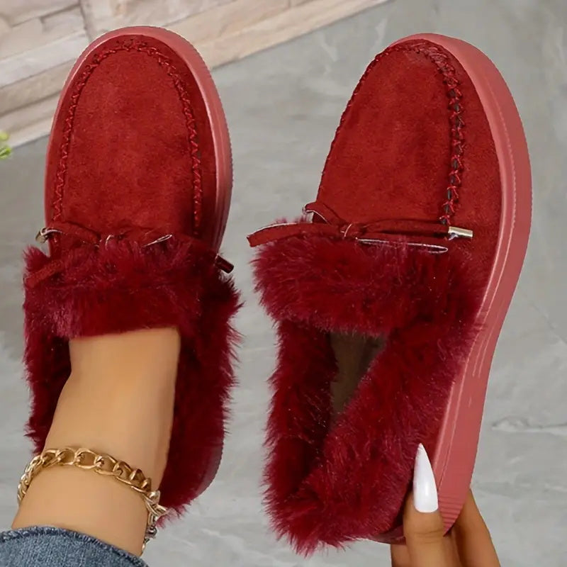 Outfit Flow - Bow Furry Round Toe Flat Slip-Ons