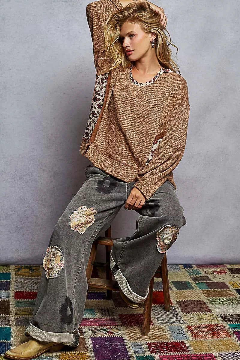 POL Balloon Sleeve Oversized Ribbed Top with Floral Pattern Contrast OutfitFlow