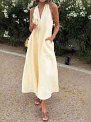 Halter V-Neck Linen Midi Dress OutfitFlow