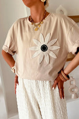 Casual Daisy Patch Round Neck T-Shirt Beige OutfitFlow