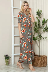 BOMBOM Floral Round Neck Short Sleeve Maxi Tee Dress OutfitFlow