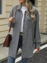 Houndstooth Button Up Long Sleeve Coat Trendsi