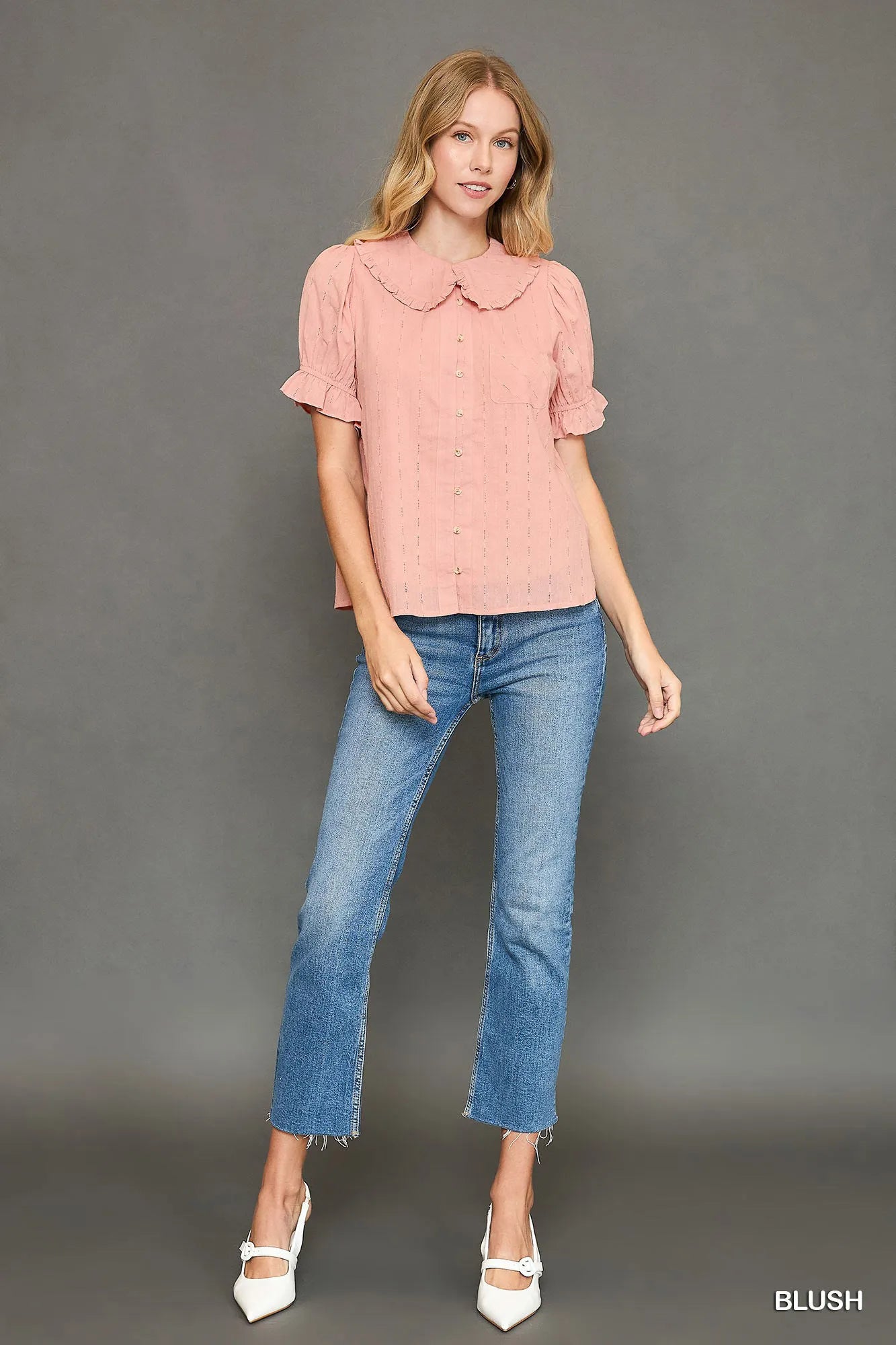 Peter Pan Collared Button Down Textured Shirt with Ruffled Detail Trendsi