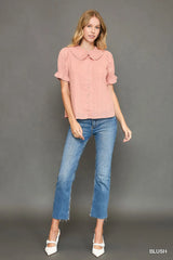 Peter Pan Collared Button Down Textured Shirt with Ruffled Detail Trendsi