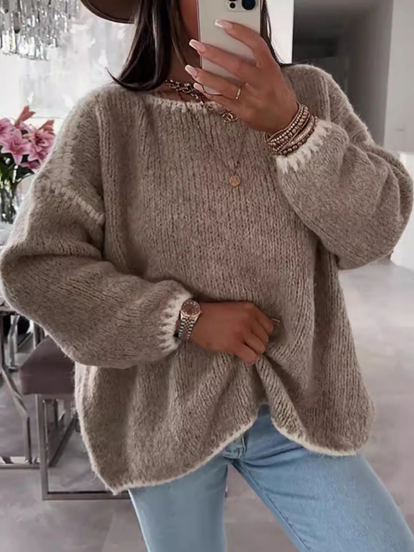 Contrast Trim Oversized Sweater OutfitFlow