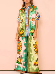 Printed Short Sleeve Shirt and Pants Set Lime OutfitFlow