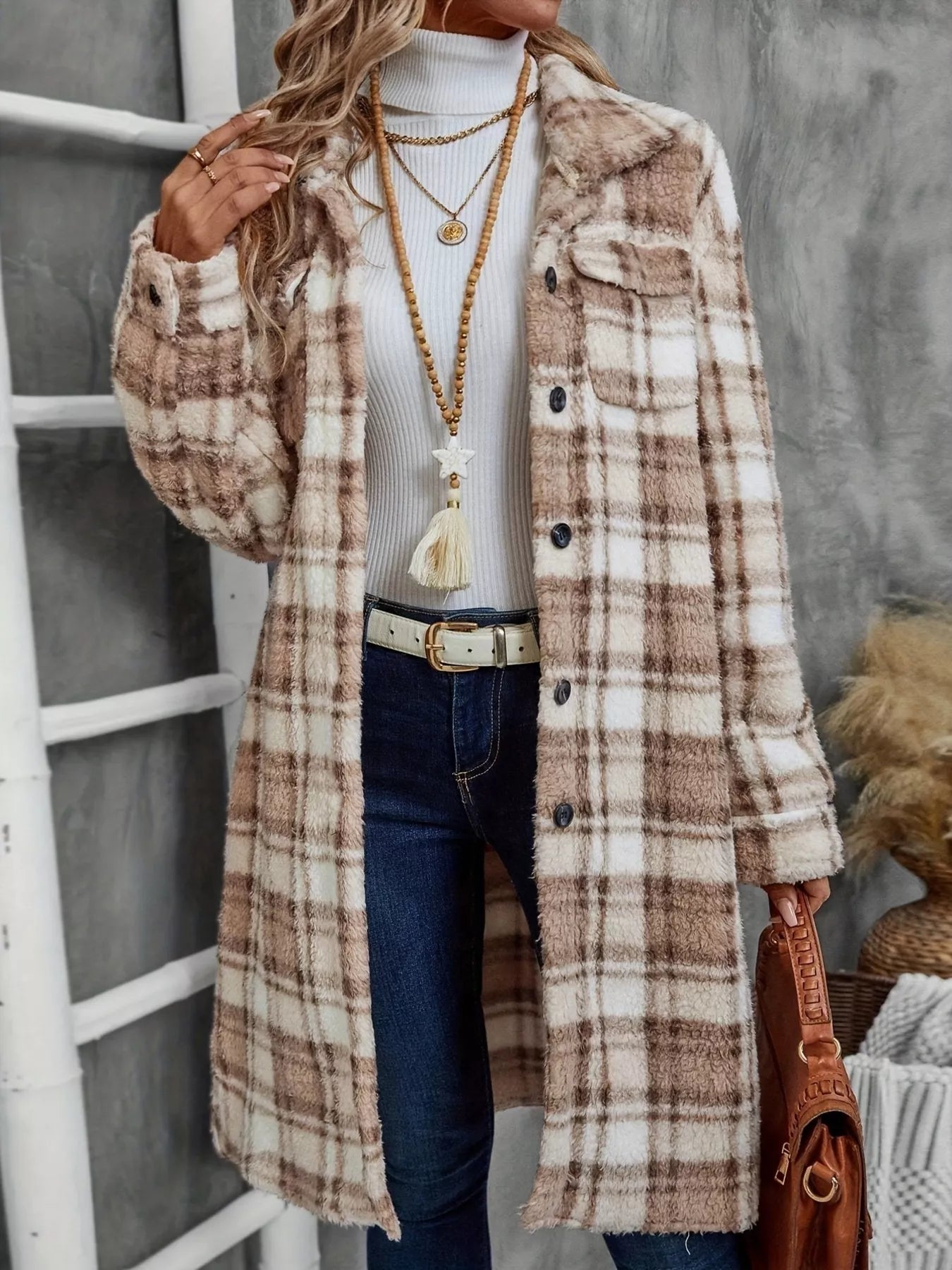 Plaid Fleece Button Up Longline Outerwear OutfitFlow