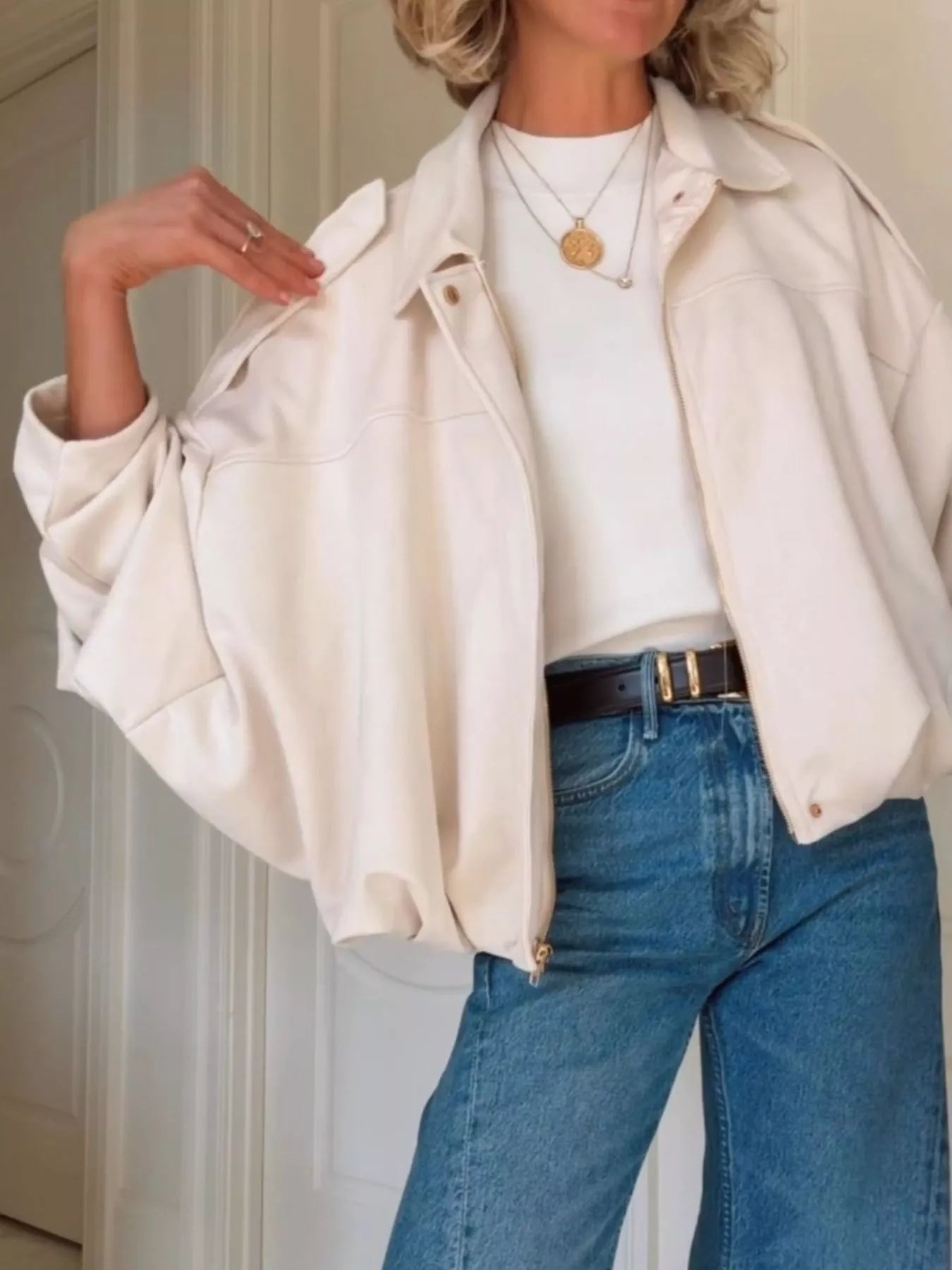 Zip Up Dropped Shoulder Suede Jacket OutfitFlow