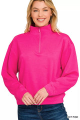 Zenana Scuba Half Zip Pullover Sweatshirt HOT PINK Trendsi