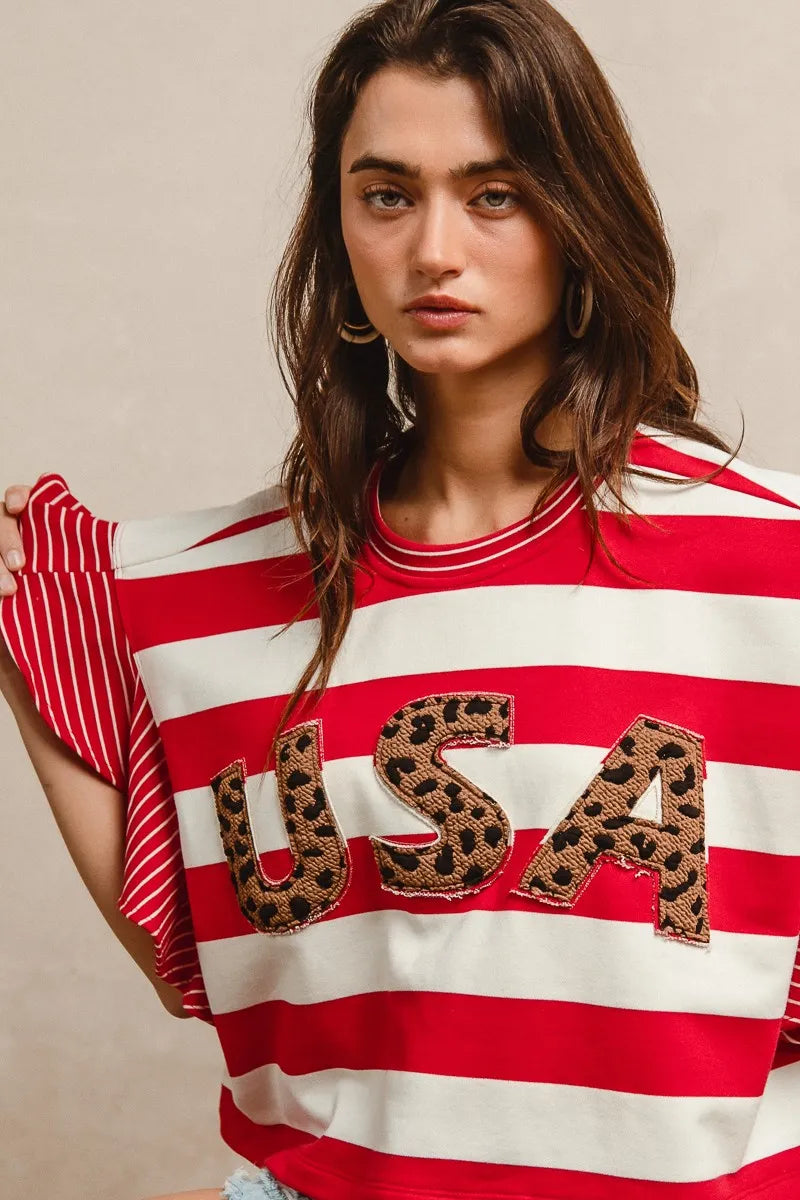 BiBi Stripe Mixed Ruffle Sleeve Top With Leopard Letter OutfitFlow