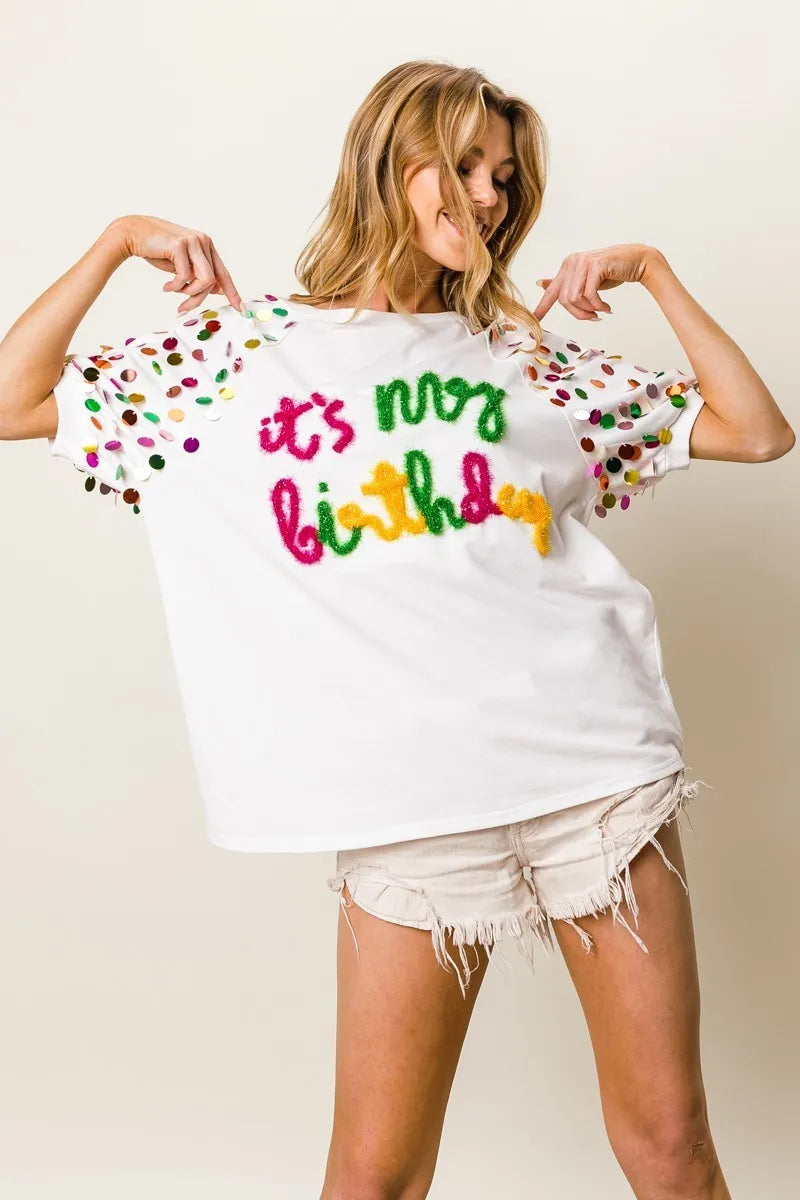 BiBi Metallic Letter Spangle Raglan Puff Sleeve Top OutfitFlow