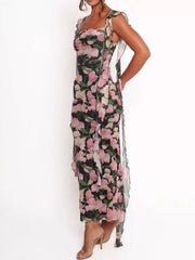 Floral Print Ruffle Trim Bodycon Maxi Dress OutfitFlow