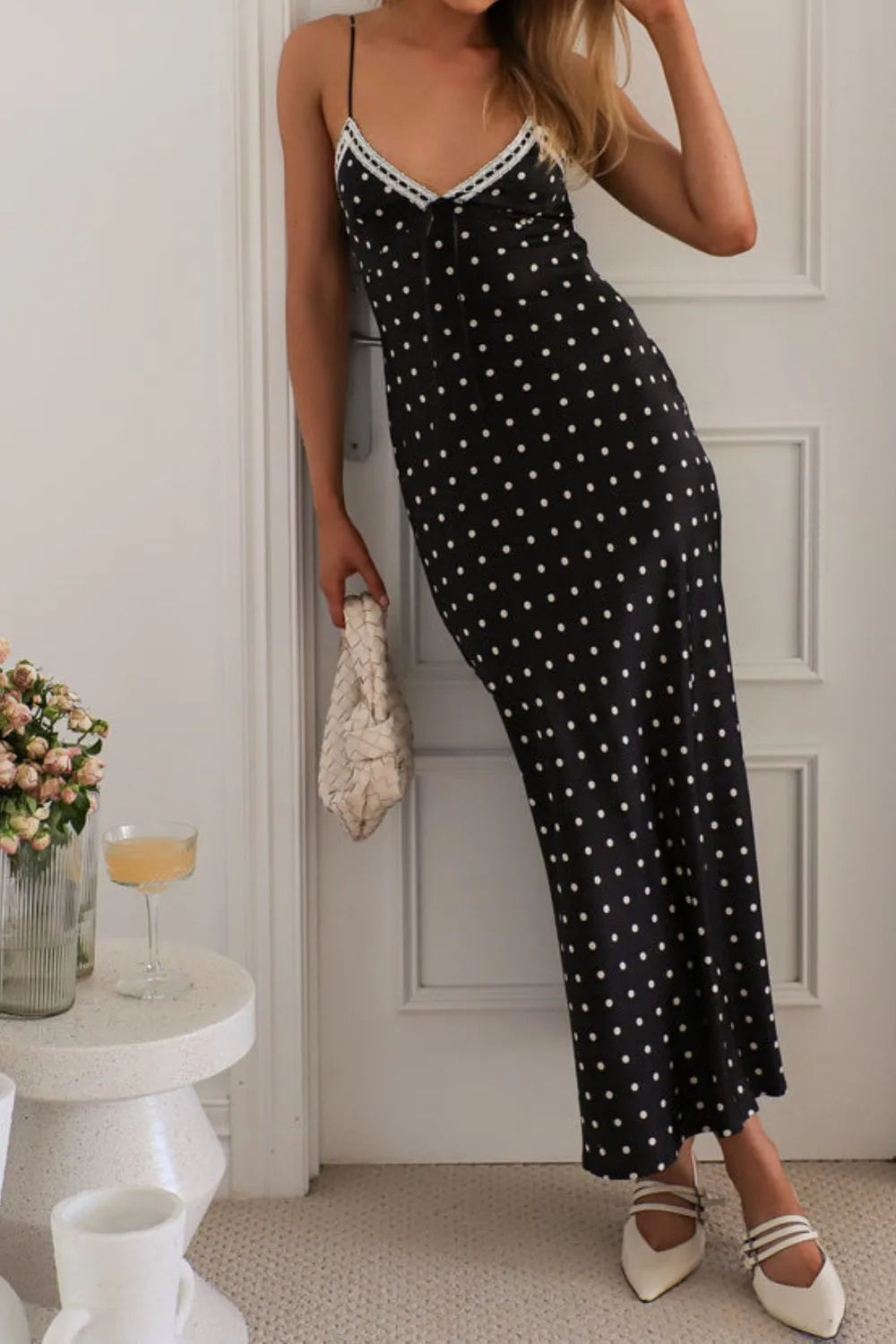 Polka Dot Square Neck Midi Cami Dress OutfitFlow