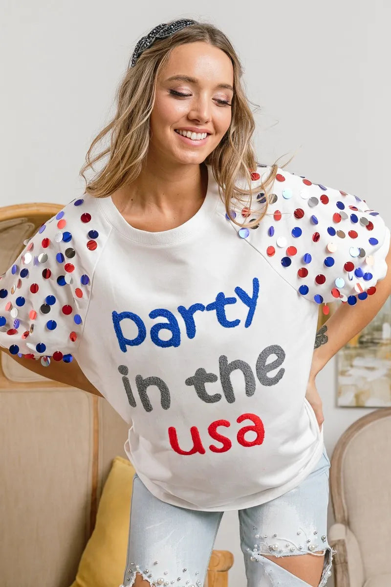 BiBi Party In The Usa Spangle Puff Sleeves Top OutfitFlow