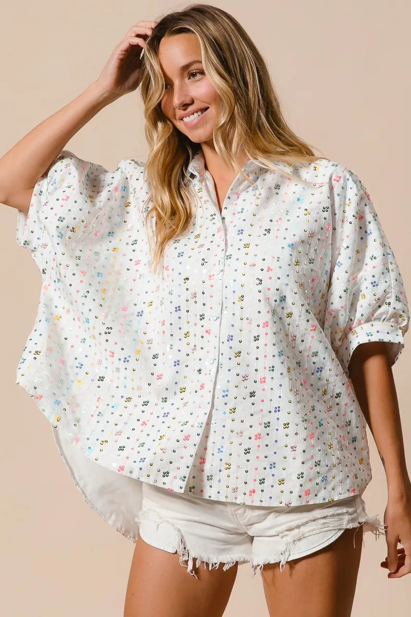 BiBi Sequin Striped Short Dolman Sleeve Blouse OutfitFlow