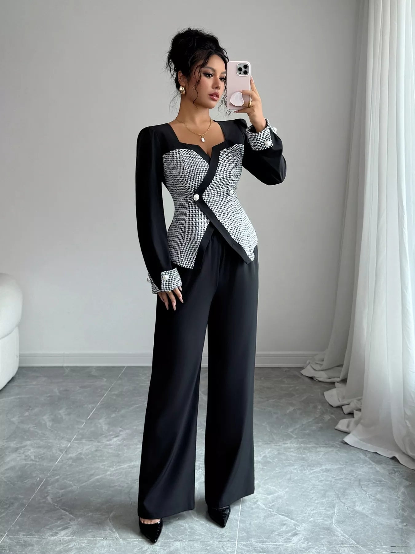 Long Sleeve Top and Wide Leg Pants Set OutfitFlow