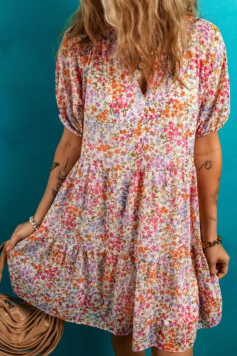 Floral Puff Sleeve Notched Tiered Mini Dress OutfitFlow