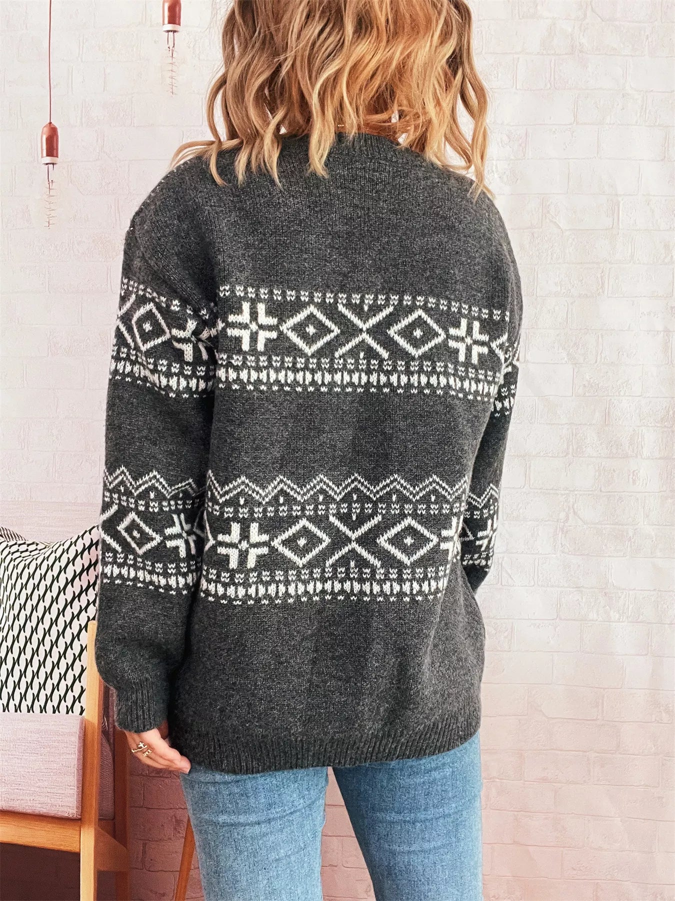 Geometric Dropped Shoulder Long Sleeve Sweater OutfitFlow