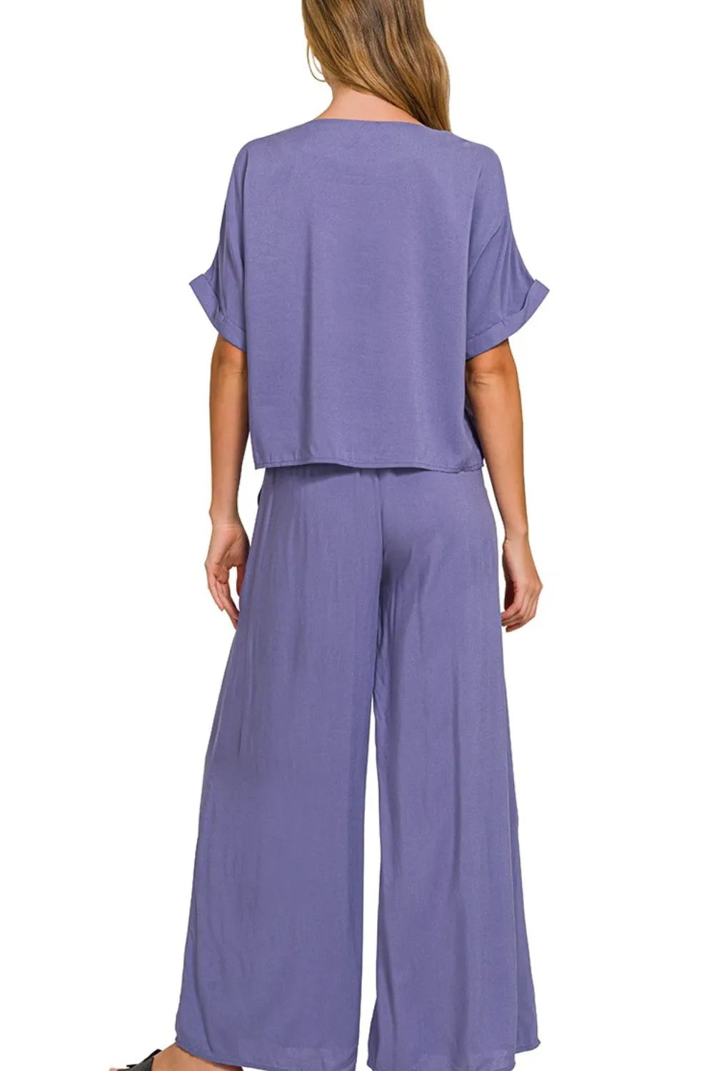 Zenana Round Neck T-Shirt and Wide Leg Pants Set OutfitFlow